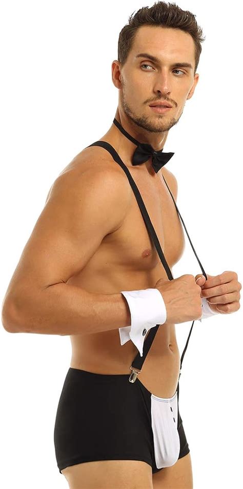 FEESHOW 4Pcs Sexy Homme Lingerie érotique Serveur Tuxedo Tenue Ensemble