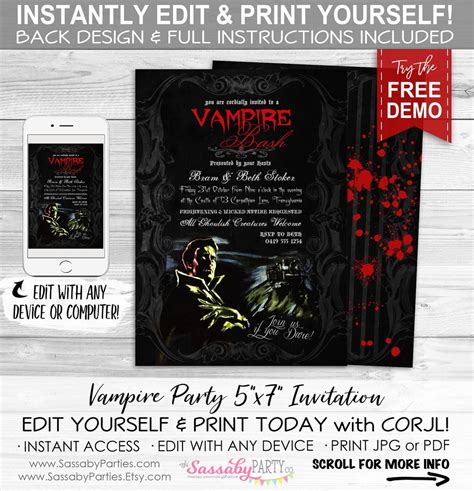 Vampire Party Invitation INSTANT DOWNLOAD Edit & Print, Halloween Goth ...