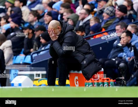 Manchester City Manager Pep Guardiola Appears Dejected During The Premier League Match At The