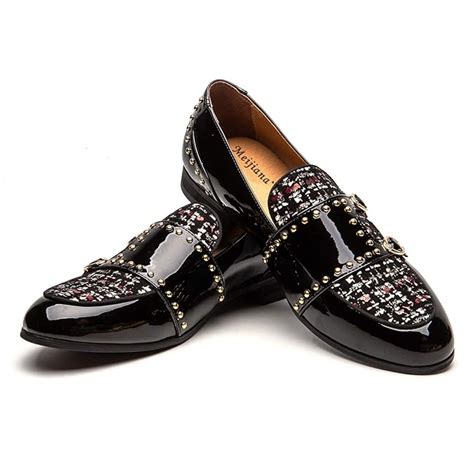 Buy Meijiana Men S Black Loafers Leather Dress Shoes With Metal Button