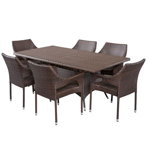 Noble House Sinclair Multi Brown Piece Faux Rattan Outdoor Dining Set