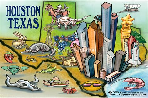 Houston Texas Cartoon Map By Kevin Middleton Redbubble