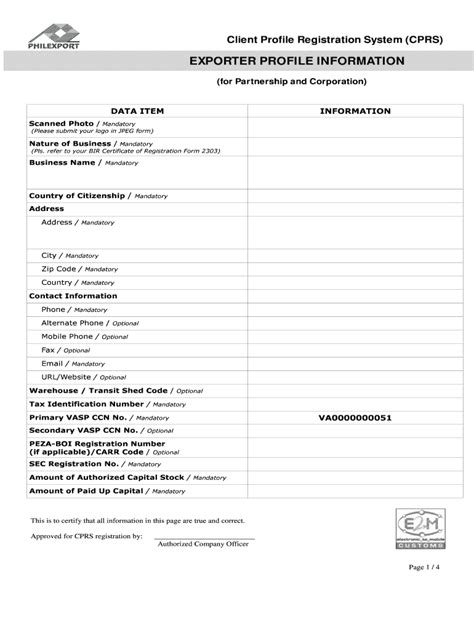 Fillable Online Cprs Exporter Profile Information Fax Email Print