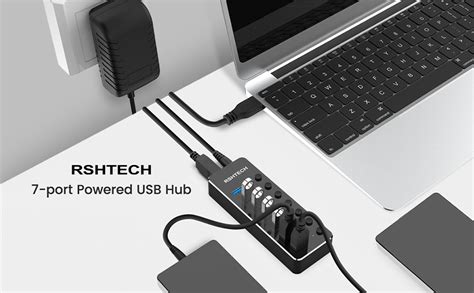 Rshtech Usb 30 Hub Powered 7 Port Usb Data Hub Extender Aluminum Usb Splitter With Individual