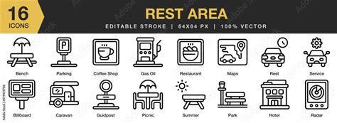 Set Of 16 Rest Area Icon Set Editable Stroke Icon Collection Includes