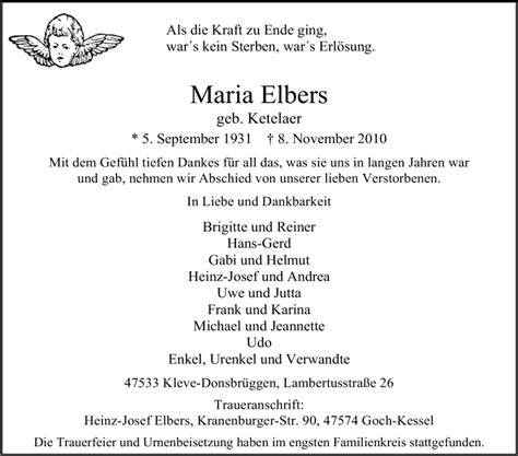 Traueranzeigen Von Maria Elbers Trauer In NRW De