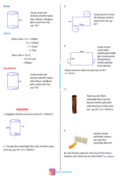 8 SINIF SİLİNDİRİN AÇINIMI VE ALANI KONU ANLATIMI Test Matematik