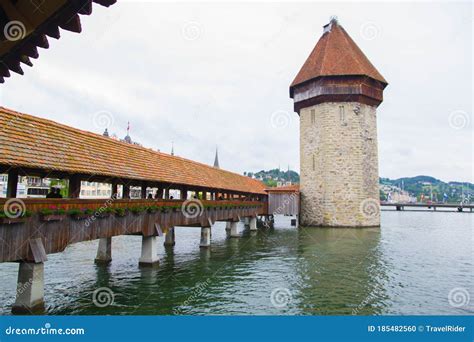 Lucerne Switzerland View Of Wooden Chapel Bridge Kapellbrucke Over