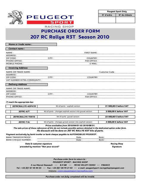 Fillable Online Order Form 207 RC Rallye Season 2010 Peugeot Sport