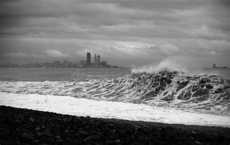 Splashing Storm with Big Waves Hitting the Sea Coast in the Evening ...