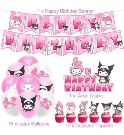 MY MELODY KUROMI Cartoon Girls Birthday Party Balloons Banner Cake Toppers Set £9.99 - PicClick UK