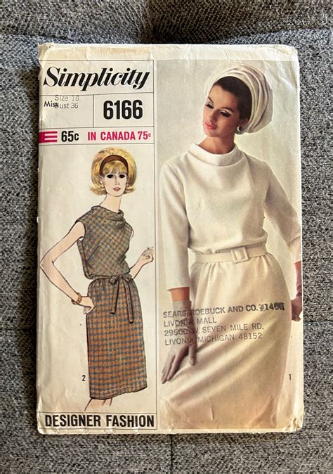 Vintage 1965 Simplicity Designer Fashion Pattern 6166 Misses One Piece Dress Size 16 Bust 36