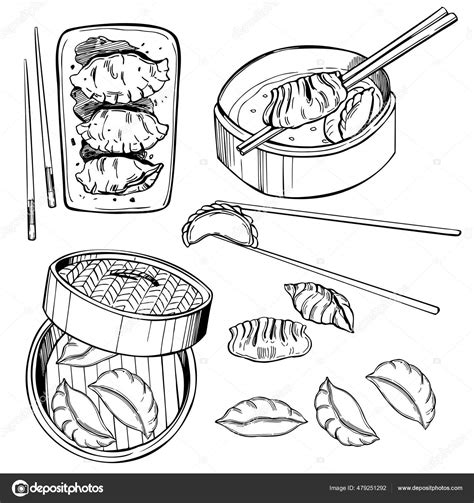 Handgezeichnetes Dim Sum Set Vektorskizze Als Illustration Stock