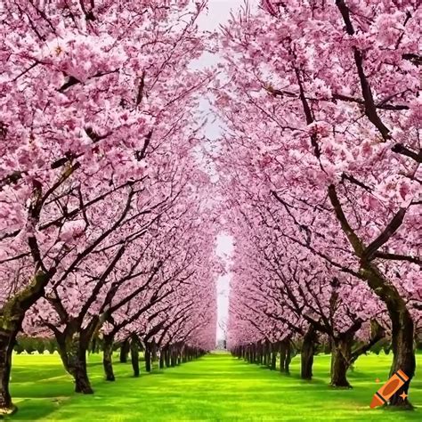 Photorealistic Image Of A Cherry Blossom Field With A Path On Craiyon