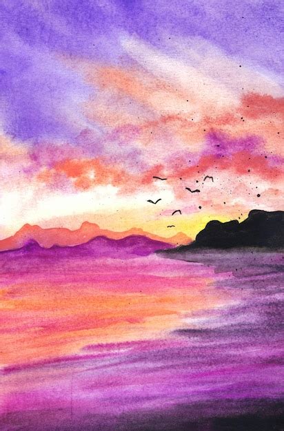 Fundo de pintura em aquarela paisagem pôr do sol Foto Premium