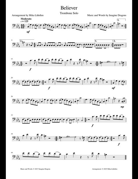 Believer Trombone Solo Sheet Music For Trombone Download Free In Pdf Or Midi