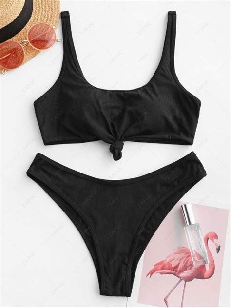 Zaful Knot Ribbed Bikini Swimsuit In Black Zaful 2024