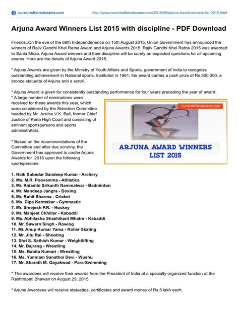 Arjuna Award Winners List 2015 With Discipline - PDF Download | PDF