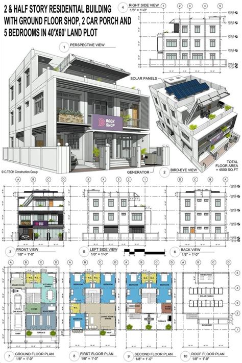 The Plans For Two Story Residential Building With Ground Floor And