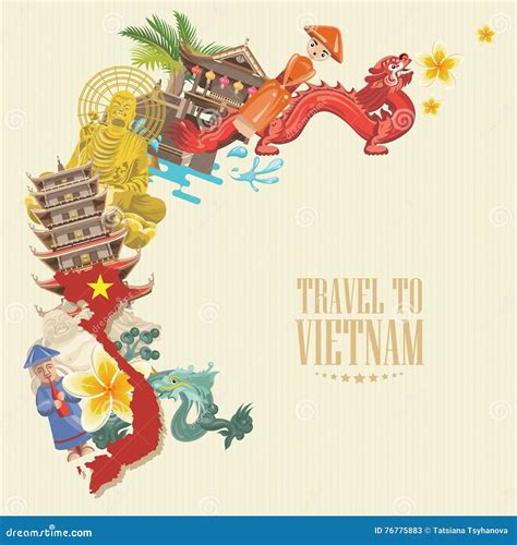 Travel To Vietnam Poster With Ethnic Icons Stock Vector Illustration