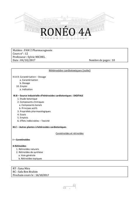 Pharmacie 5A Descartes Ronéo 12 UE2 Notes de cours 12 RONÉO 4A