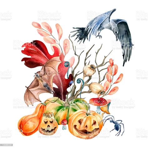 Vetores De Composição De Halloween Com Plantas Coloridas Ilustração De Aquarela Isolada Em