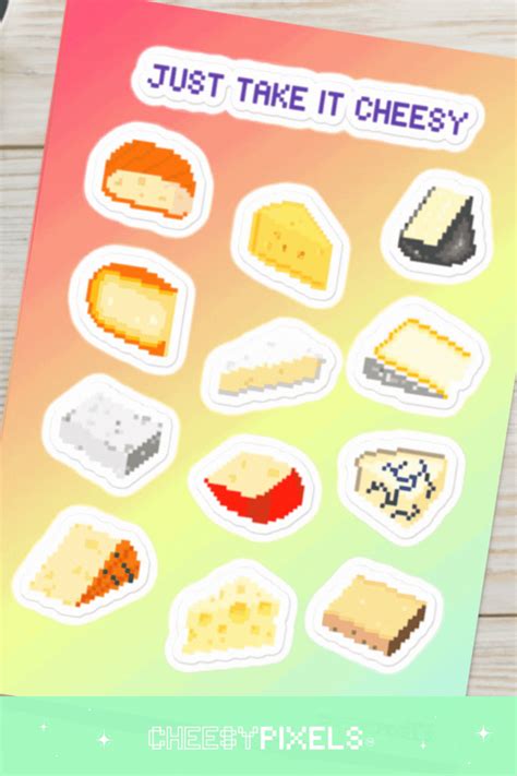 the pixel sticker sheet has different types of cheeses and other foods on it