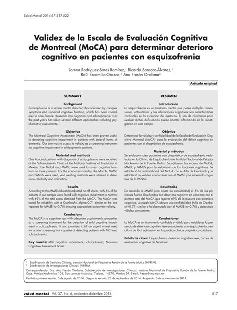 PDF Validez de la Escala de Evaluación Cognitiva de Montreal MoCA