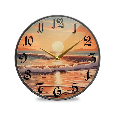 Round Silent Wall Clocks Beach With Sunset Acrylic Battery