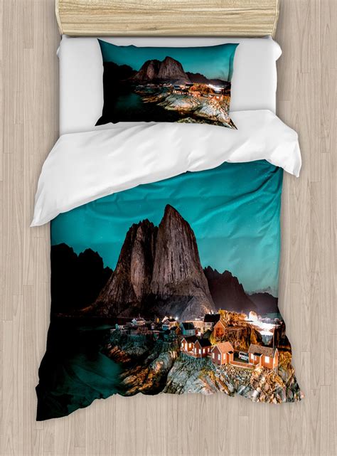 Night Ocean Duvet Cover Set Aurora Borealis With Fishermen Village