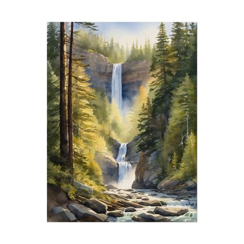Forest Waterfall Watercolor Art Print Pine Trees Landscape Woodland