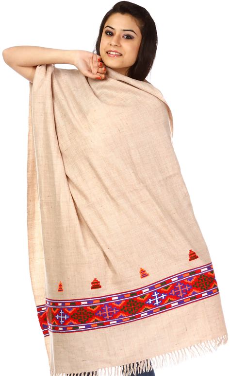 Beige Kullu Shawl With Kinnauri Border Exotic India Art