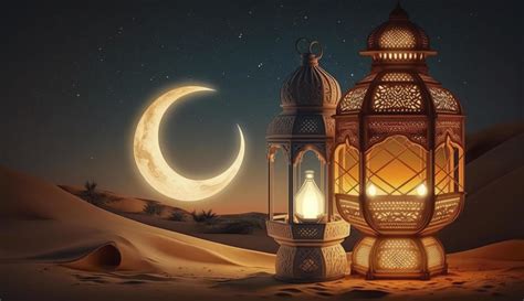 Arabia Sahara Lantern And Moon Setup For Greeting Ramadan Or Eid