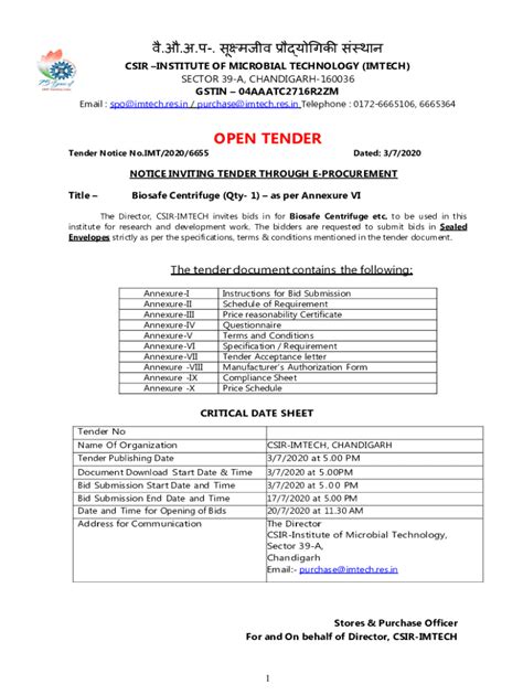 Fillable Online OPEN TENDER CSIR IMTech Fax Email Print PdfFiller