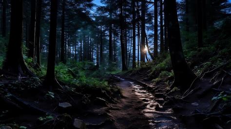 Premium AI Image | A path in the woods at night