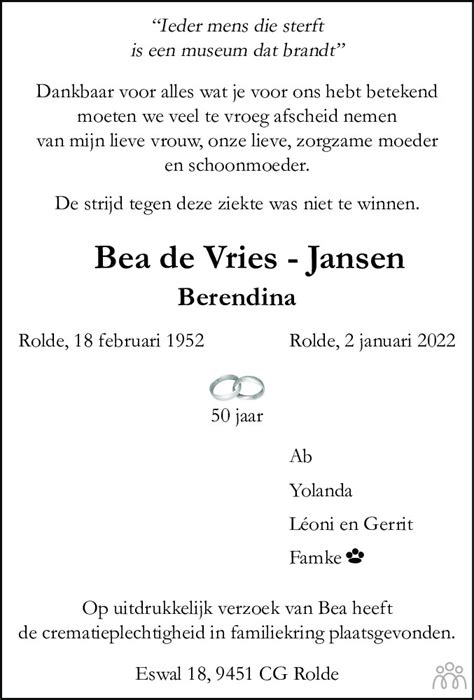 Bea Berendina De Vries Jansen Overlijdensbericht En