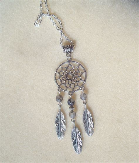 Dreamcatcher Dragons Vein Agate Feather Charm Pendant Long Chain