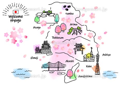 春の兵庫県の観光地のシンプル線画イラストマップ（ピンク） 204837568 イメージマート