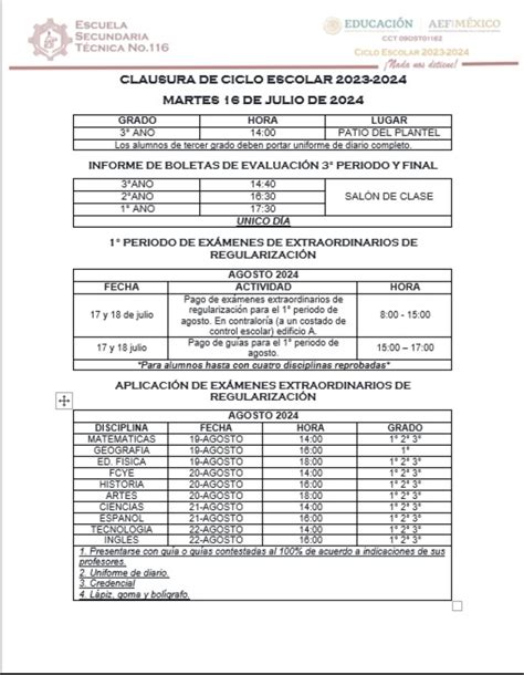 Secundaria Técnica 116 Turno Vespertino Horarios Clausura Ciclo Escolar