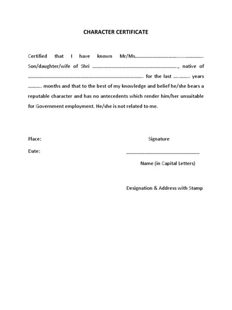 Character Certificate Format By Gazetted Officer Pdf Download Scribd