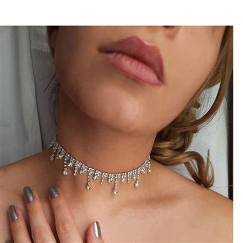 Silver Choker Necklace Rhinestone Necklace Chokers Etsy