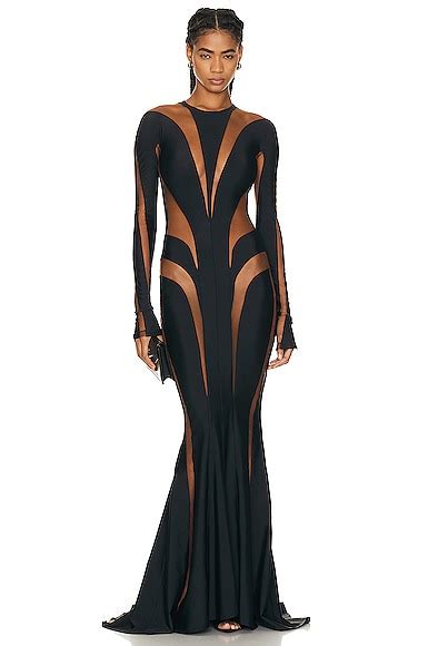 Mugler Spiral Illusion Long Dress In Black Nude 02 FWRD