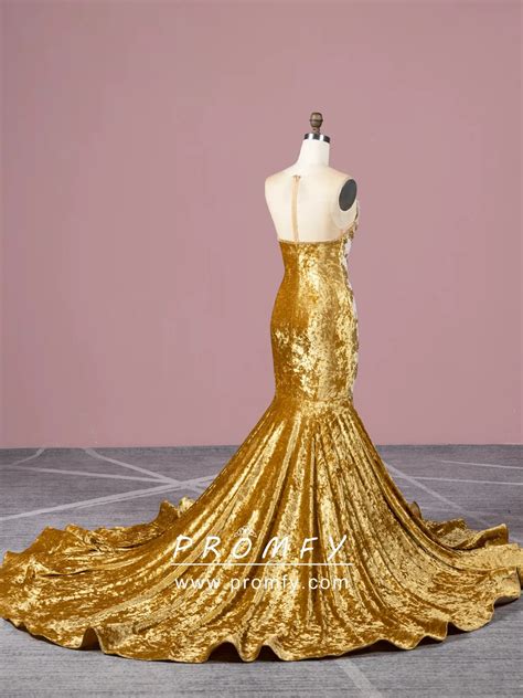 Promfy Beaded Golden Yellow Diamond Velvet Black Girl Prom Dress