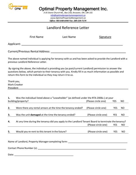 Free Printable Landlord Reference Letter Templates Word PDF