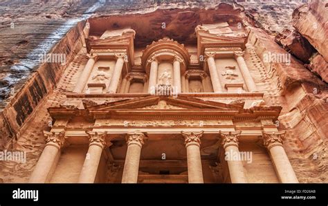 Al Khazneh The Treasury Of Petra Ancient City Jordan Close Up Stock