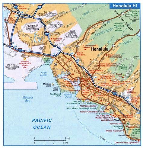 Honolulu city interstate highway map road free toll H1 H3 H201 - US