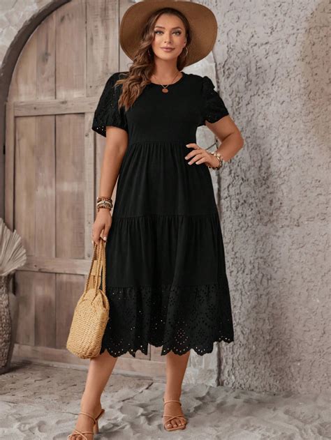 SHEIN LUNE Plus Eyelet Embroidery Scallop Trim Ruffle Hem Dress For