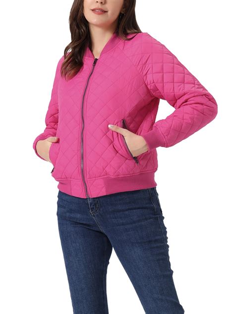 Unique Bargains Womens Quilted Zip Up Moto Raglan Sleeves Bomber Jacket Xl Hot Pink