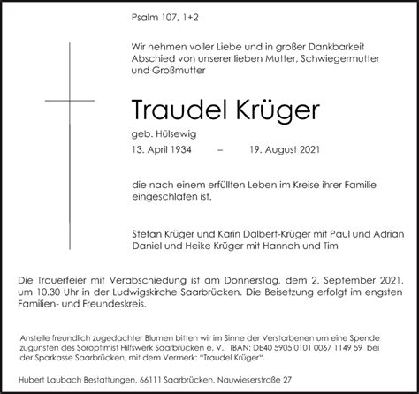 Traueranzeigen von Traudel Krüger Saarbruecker Zeitung Trauer de