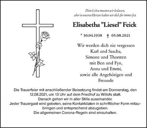 Traueranzeigen Von Elisabetha Feick Vrm Trauer De